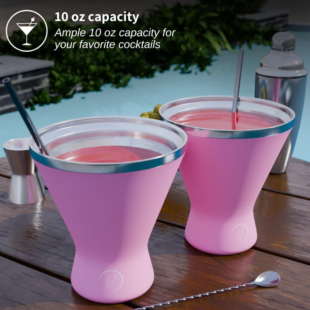 Stainless Steel Martini Glass [Pack of 2] – 10oz, Pink, Powder Coated, No Sweat, Double Wall Margarita Cup with Lid | Ideal for Mother's Day Gift