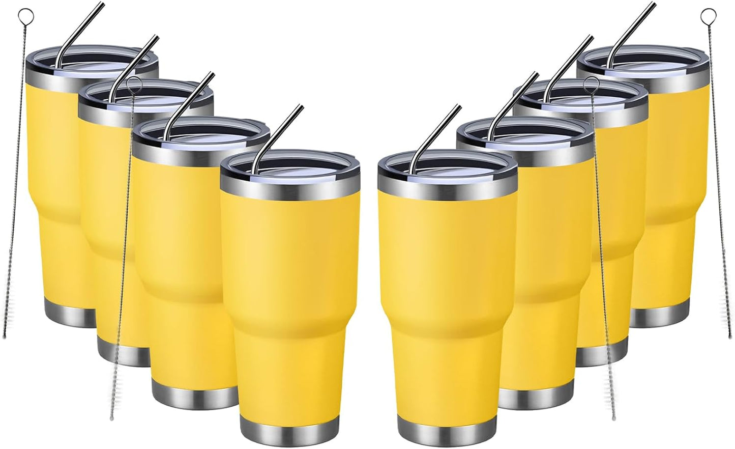MEWAY 30oz Insulated Tumbler With Lids and Straws,Stainless Steel Double Vacuum Coffee Tumbler Cup, Brush, Durable Powder Coated Coffee Cup for Cold & Hot Drinks, Office, Travel(Yellow,8 PACK)