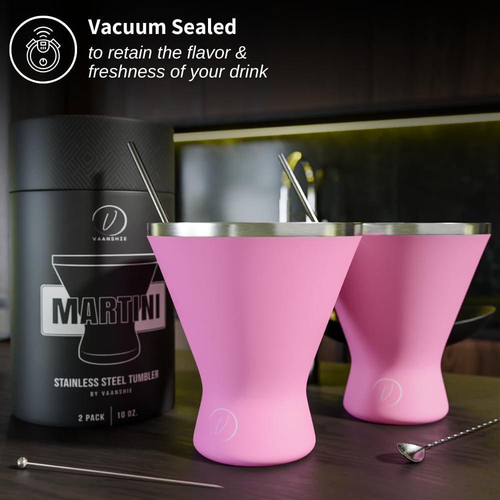 Stainless Steel Martini Glass [Pack of 2] – 10oz, Pink, Powder Coated, No Sweat, Double Wall Margarita Cup with Lid | Ideal for Mother's Day Gift