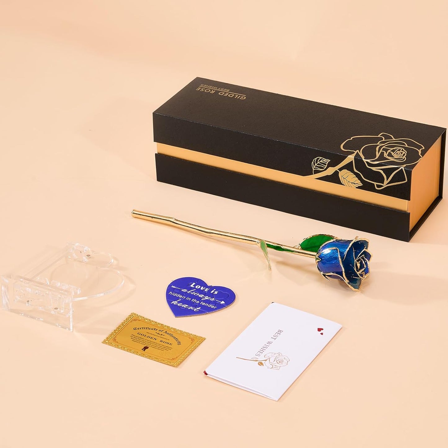 Mikasol Real 24K Gold Dipped Realistic Rose – Timeless Lifelike Bloom with Heart Puzzle Base – Romantic Blue Flower Gift for Her, Wife, Girlfriend, Mom – Birthday, Anniversary, Mother’s Day (Blue)