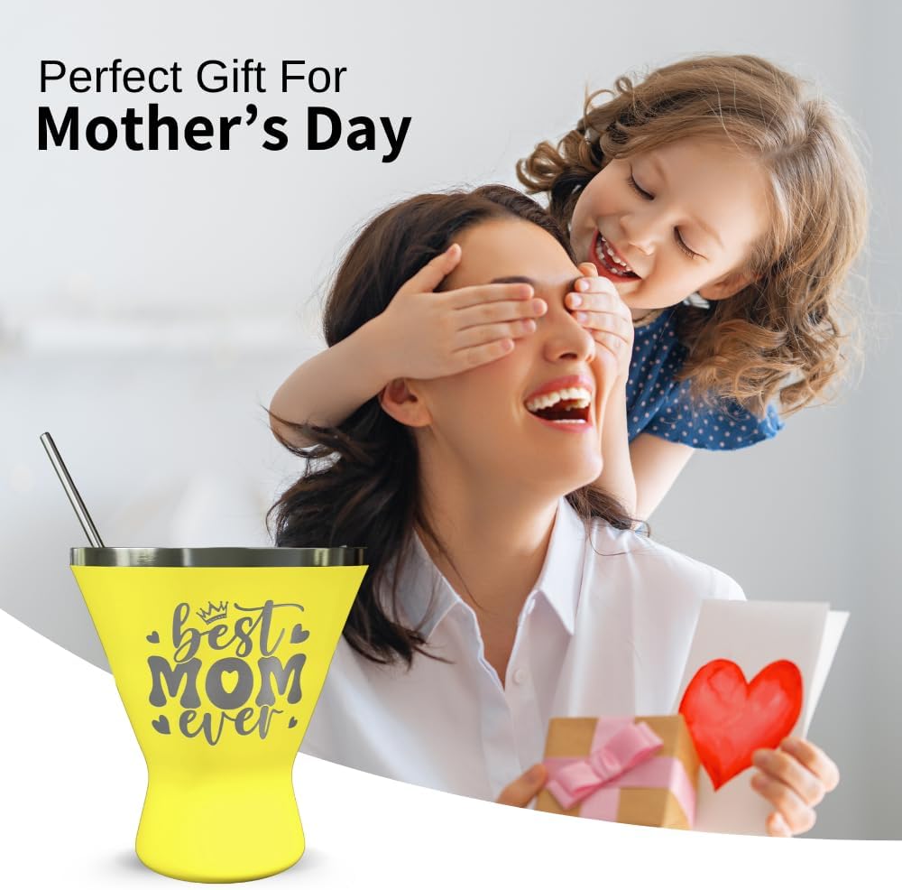 Mothers Day Gifts For Mom - Best Mom Ever Stainless Steel Martini Glass [Yellow, 10oz, Pack of 1] - Powder - Coated, Double Wall Margarita Cup - Birthday, Mother's Day, New Mom Gifts for Women