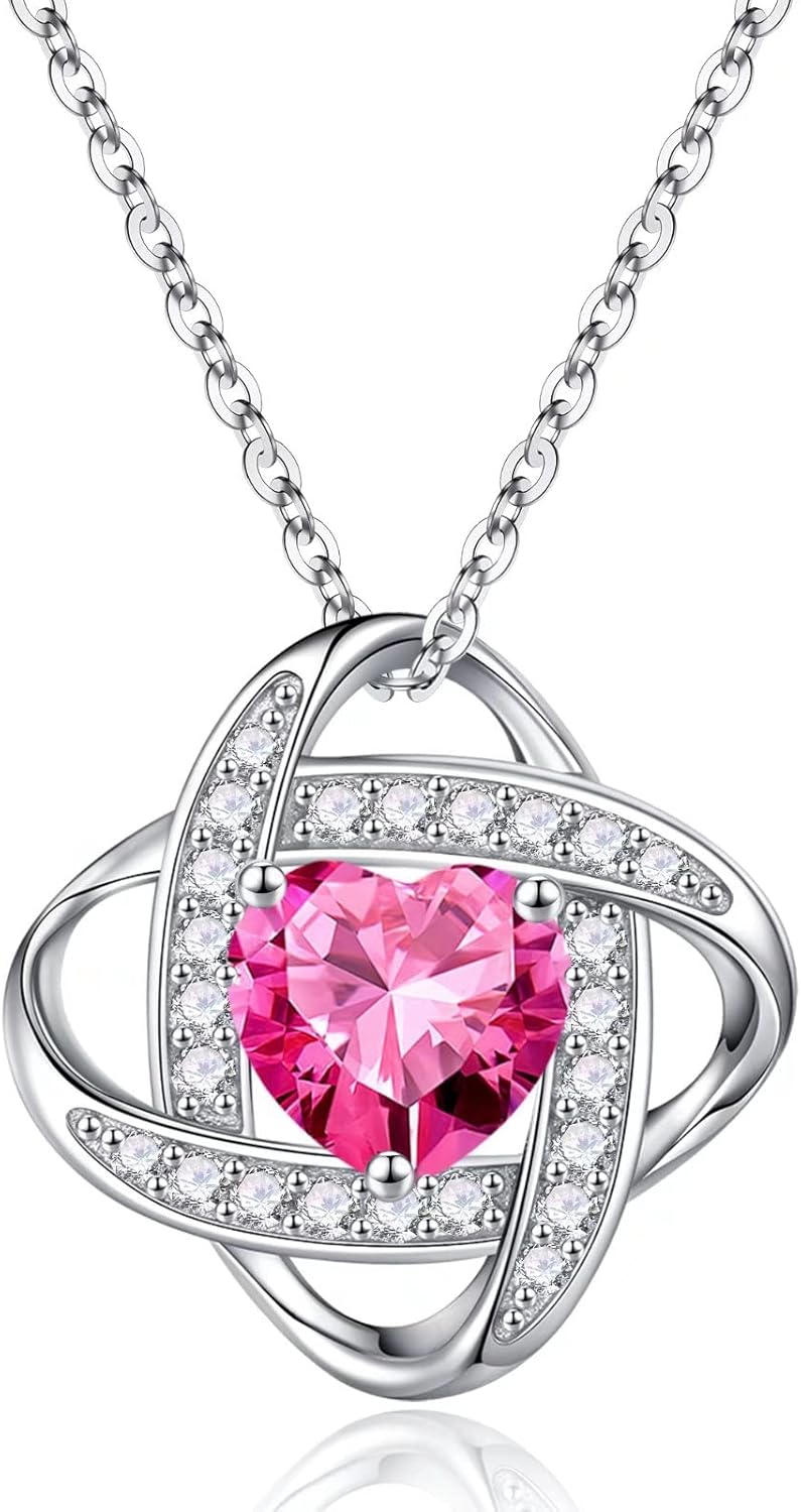 Iefil 925 Sterling Silver Love Knot Birthstone Necklace, Natural or Created Gemstone, Anniversary Birthday Gifts for Women, Jewelry Gifts for Wife Mom Girlfriend
