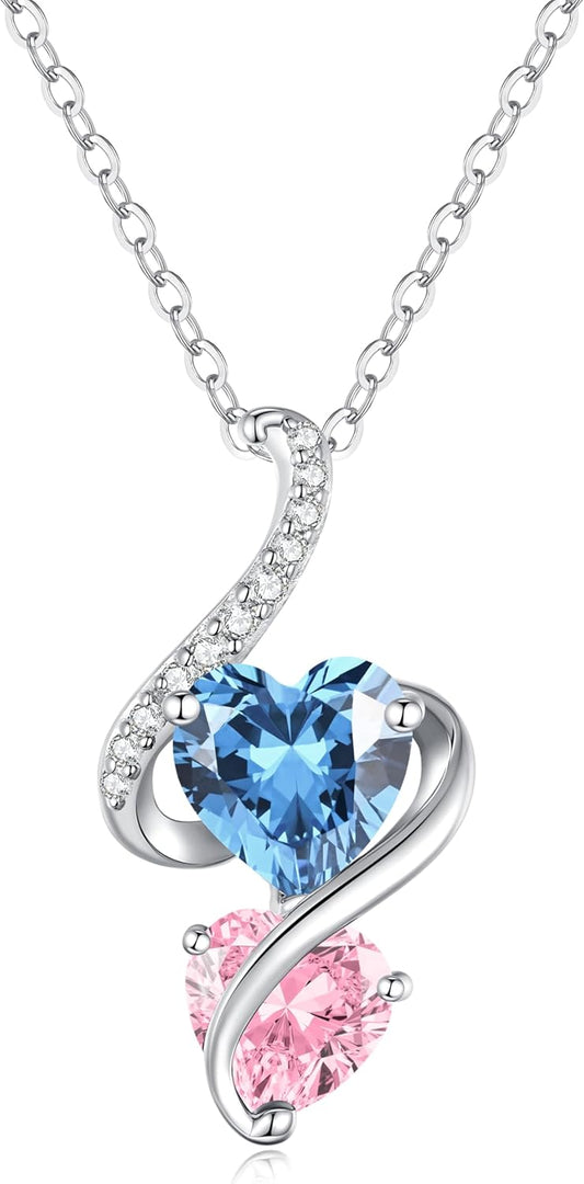 LOUISA SECRET Unique Double Heart Necklace Gifts for Wife Women, 925 Sterling Silver Tiny Birthstone Pendant Jewelry Gift for Her Girlfriend Mom Valentine's Day Anniversary Mother's Day Birthdays & Christmas