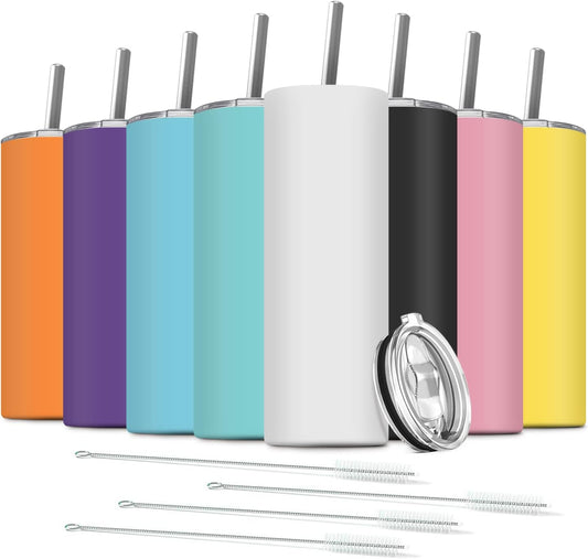 8 Pack Stainless Steel Skinny Tumbler, 20 OZ Double-Insulated Water Tumbler Cup with 8 Straw and 4 Brush, Vacuum Travel Mug Gift for Hot Cold Drinks with Cleaning(Assorted Colors)