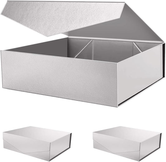 PACKHOME 17x14.5x5.5 Inches, 3 Extra Large Gift Boxes with Lids, Magnetic Closure Boxes for Clothes and Large Gifts (Glossy Silver with Grass Texture)