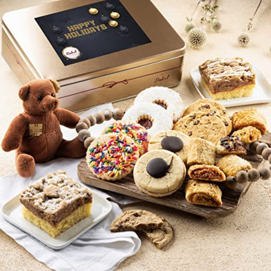 Dulcet Gift Baskets Happy Holiday Deluxe Bakery Mix of Assorted Cookies and Pastries with Decorative Teddy Bear for Women, Friend, College, Couples, Mom, Dad, Wife, Daughter, Him and Her.
