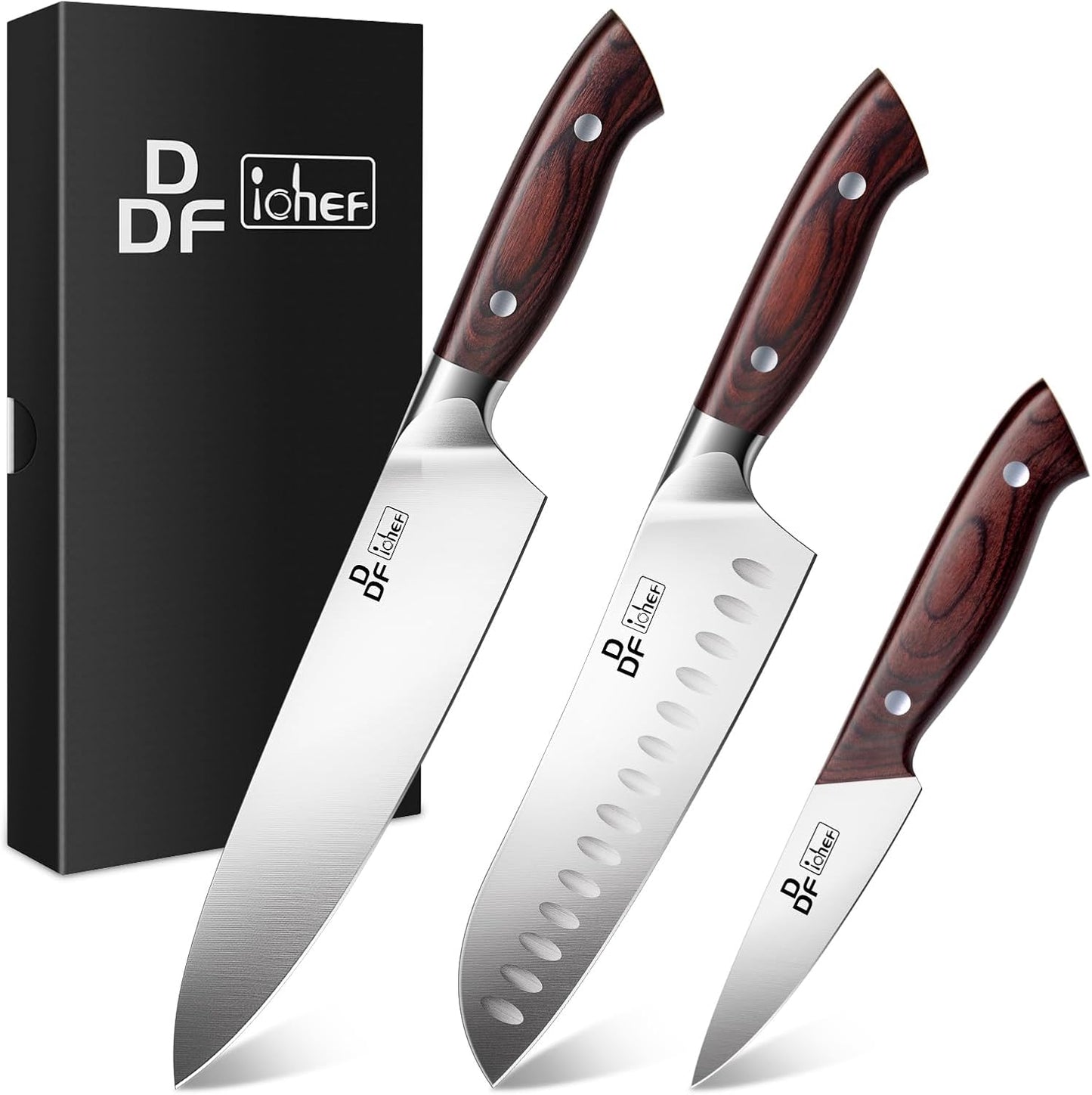 DDF iohEF Knife Set 3 Piece, Sharp Kitchen Knife Set Professional Chef Knife Set for Kitchen Japanese Stainless Steel Cooking Knives with Ergonomic Pakkawood Handle