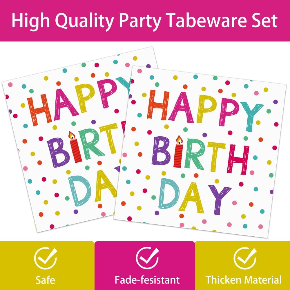 142pcs Happy Birthday Party Supplies Set with Colorful Polka Dots Design- Includes Disposable Paper Birthday Plates and Napkins, Cups, Tablecloth, and Banner，Dots Party Supplies Serves 20 Guests