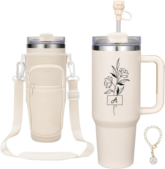 AW BRIDAL 40oz Stainless Steel Tumbler Set with Handle, Tumblers with Lid, Straw, Letter Chain, Protective Sleeve - Personalized Friend Birthday Gifts for Women Sister Mom Wife, Letter A