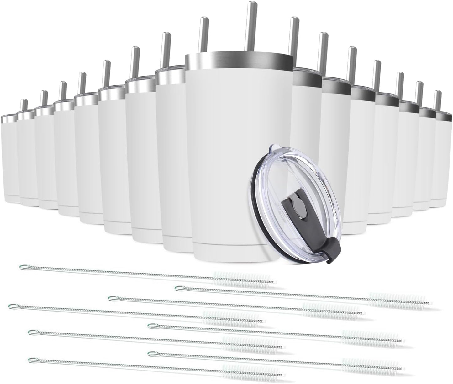 16 pack 20 oz Stainless Steel Insulated Tumbler with Straw and Lid, Double Wall Travel Coffee Mug Vacuum Insulated Bulk Tumbler, Suitable for Vehicle Cup Holders （White）