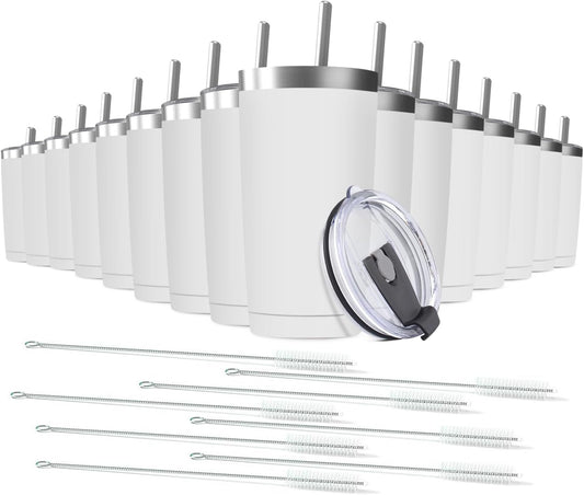 16 pack 20 oz Stainless Steel Insulated Tumbler with Straw and Lid, Double Wall Travel Coffee Mug Vacuum Insulated Bulk Tumbler, Suitable for Vehicle Cup Holders （White）