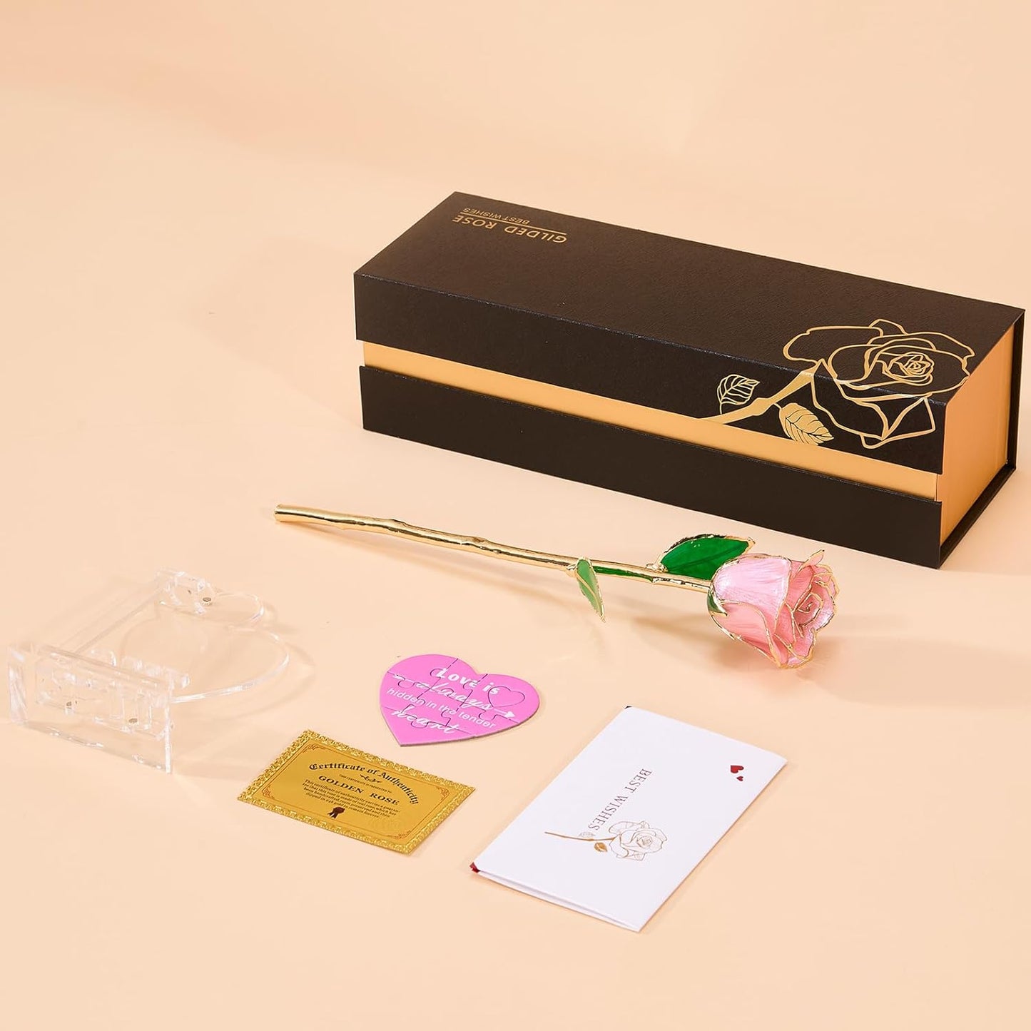Mikasol Real 24K Gold Dipped Realistic Rose – Timeless Lifelike Bloom with Heart Puzzle Base – Romantic Pink Flower Gift for Her, Wife, Girlfriend, Mom – Birthday, Anniversary, Mother’s Day (Pink)