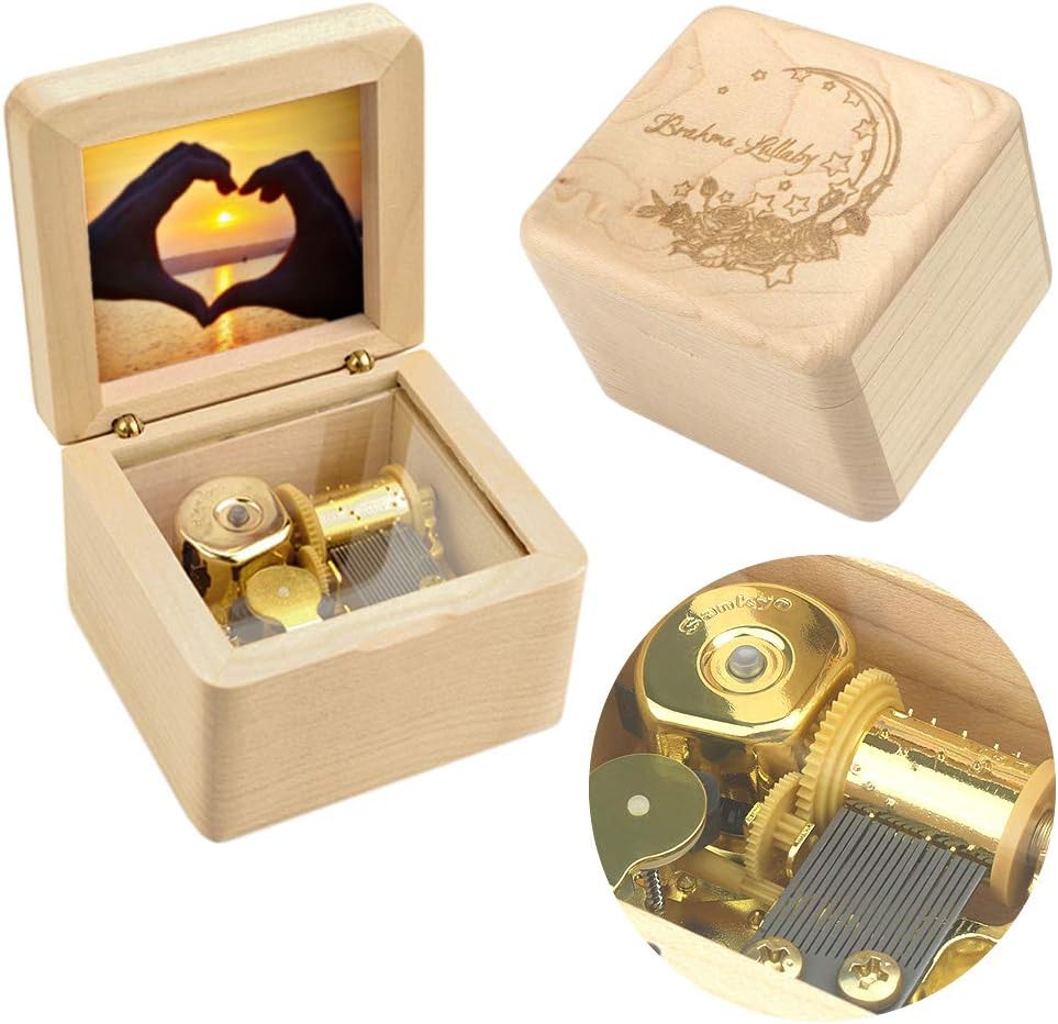 Sinzyo Natural Wooden Music Box with Customizable Photos Wind Up Musical Box Gifts for Christmas,Birthday and Valentine's Day (Character Maple, Tone:Brahms Lullaby)