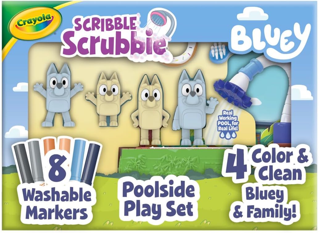 Crayola Scribble Scrubbies Bluey Poolside Playset (4ct), Colorable Bluey Toys for Kids, Washable Coloring Gift for Toddlers, Ages 3+