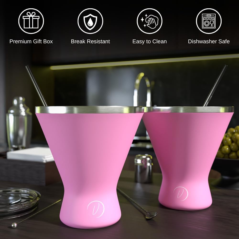 Stainless Steel Martini Glass [Pack of 2] – 10oz, Pink, Powder Coated, No Sweat, Double Wall Margarita Cup with Lid | Ideal for Mother's Day Gift