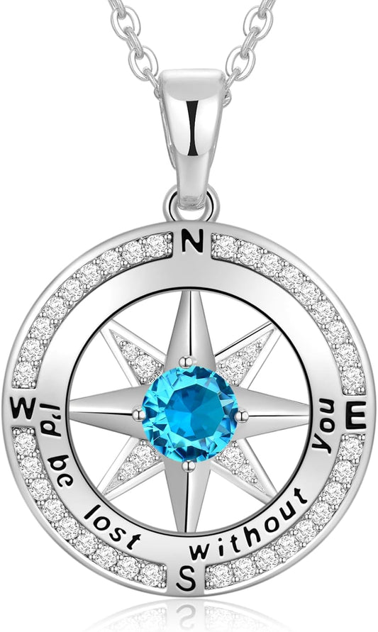Peeshow Gifts for Women Wife-Compass Birthstone Necklace Gift for Wife Birthday Wedding Anniversary Women Jewelry for Her Girlfriend S925 Sterling Silver
