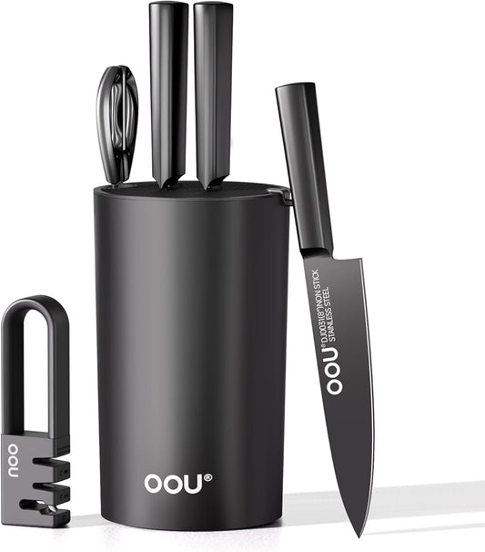 OOU Knife Set with Block and Sharpener, 6 Pcs High Carbon German Steel Kitchen Knife Set with Universal Knife Holder, Dishwasher Safe Knife Set for Small Kitchen, Space-Saving, Anti-Rust