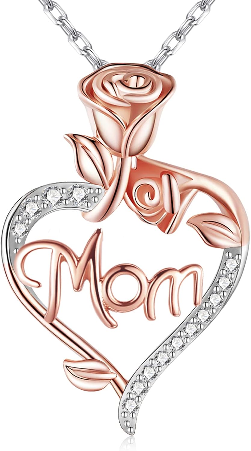 Desimtion Gifts for Mom, Heart Rose Necklaces for Mom, Birthday Jewelry Gifts for Women Her Girlfriend Wife