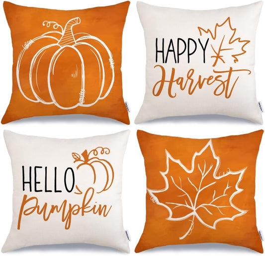 GEEORY Fall Pumpkin Maple Leaves Pillow Covers 16x16 Set of 4, Happy Harvest Cushion Case Autumn Decorative Throw Pillows Farmhouse Thanksgiving Decorations for Sofa