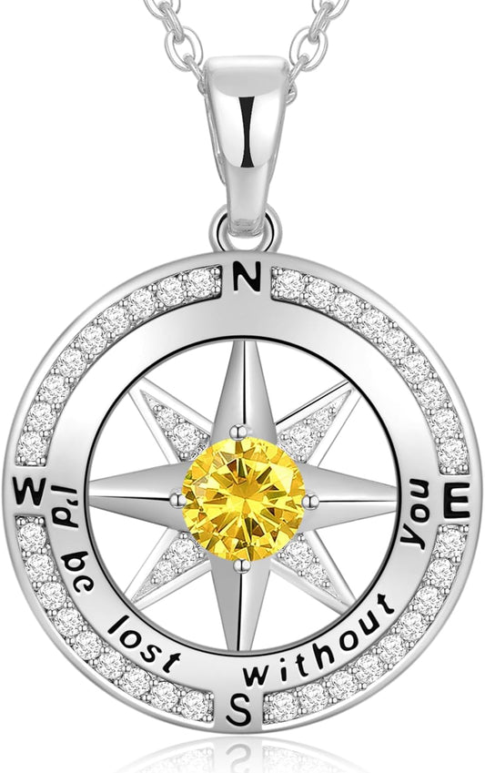 Peeshow Gifts for Women Wife-Compass Birthstone Necklace Gift for Wife Birthday Wedding Anniversary Women Jewelry for Her Girlfriend S925 Sterling Silver