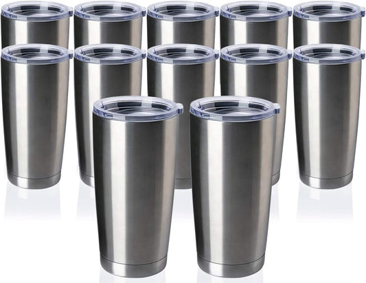 12 pack 20 OZ Double Wall Stainless Steel Vacuum Insulated Tumbler Coffee Travel Mug With Lid, Durable Powder Coated Insulated Coffee Cup for Cold & Hot Drinks (Silver, 12 pack)