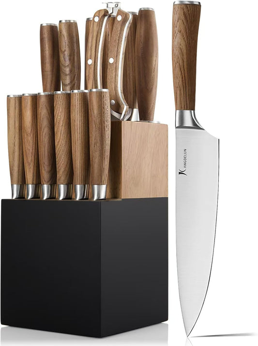 Natura Series 15 PCS Knife Block Set, Ultra Sharp High Carbon Stainless Steel with Wooden Handle
