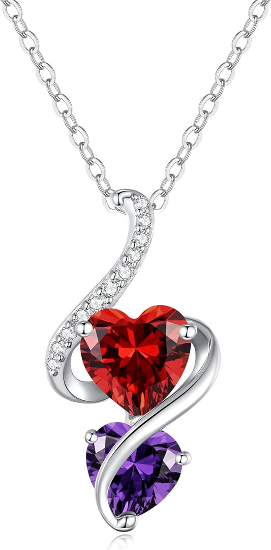 LOUISA SECRET Unique Double Heart Necklace Gifts for Wife Women, 925 Sterling Silver Tiny Birthstone Pendant Jewelry Gift for Her Girlfriend Mom Valentine's Day Anniversary Mother's Day Birthdays & Christmas