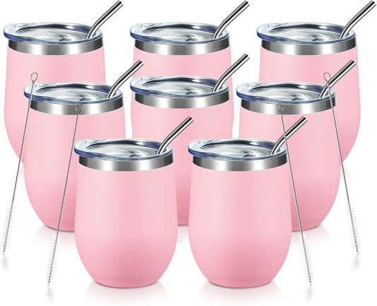 COMOOO Stainless Steel Wine Tumbler Glass Bulk with Lid and Straw 12oz Double Wall Vacuum Insulated Travel Tumbler Cup Stemless for Hot and Cold Drinks, Coffee, Wine, Cocktails, Pink, 8 Pack