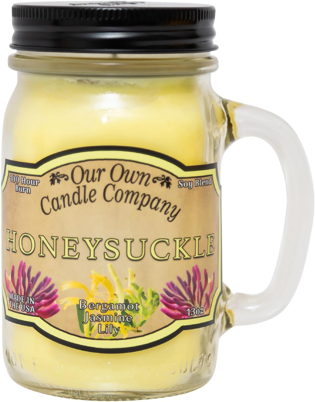 Our Own Candle Company, Honeysuckle Scented Mason Jar Candle, 100 Hour Burn Time, 13 Ounces