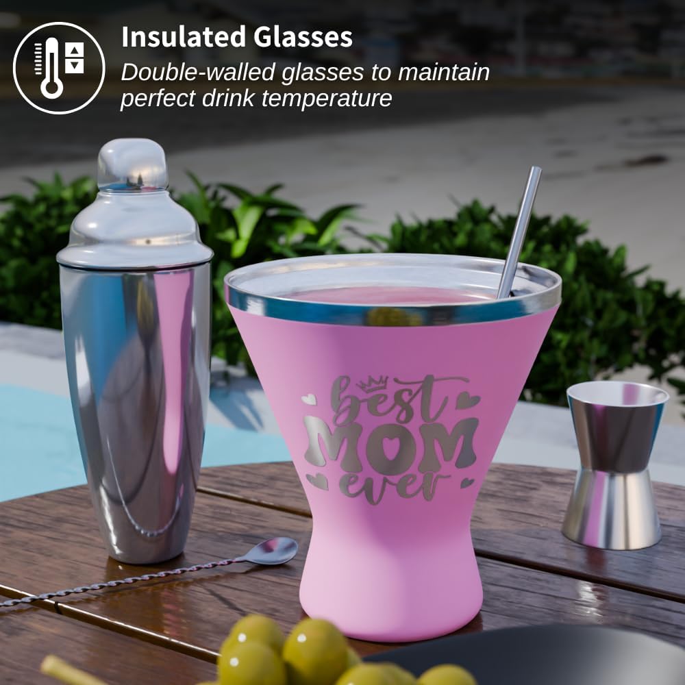 Mothers Day Gifts For Mom - Best Mom Ever Stainless Steel Martini Glass [Pink, 10oz, Pack of 1] - Powder - Coated, Double Wall Margarita Cup - Birthday, Mother's Day, New Mom Gifts for Women