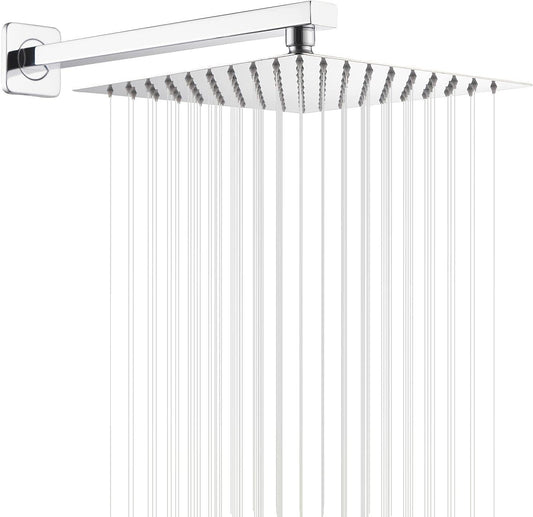Chrome Rain Shower Head with Extension Arm 12 Inch Square Shower Head with 16 Inch Shower Arm Large Stainless Steel Rainfall Showerhead Waterfall Full Body Coverage by GGStudy