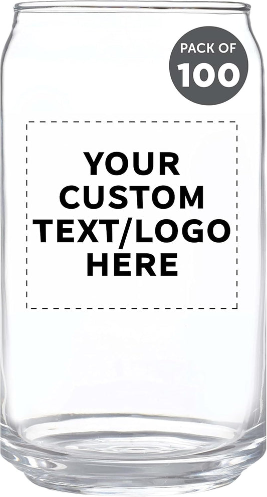 Custom Beer Can Glasses Set of 100, 16 oz. Pint Sized, Promotional Text, Logo, Soda Can Shape, Glassware, Clear