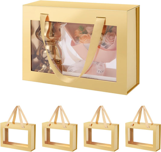 JINGUAN 5 Gold Gift Boxes with Windows, Gift Boxes with Lids and Handles, Clear Magnetic Gift Boxes for Presents, Bridesmaid Proposal Boxes (10.5x7.5x3 Inches
