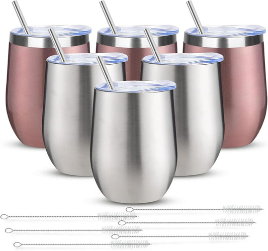 12oz/6 Pack Wine Tumbler Glasses with Lid Stemless Double Wall Vacuum Stainless Steel Travel Tumbler Keeping Cold & Hot for Wine,Coffee,Cocktails,Christmas Drinks-Family and Gifts (Silver & Rose Gold)