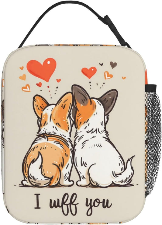 Cute Corgi Dog Pattern Insulated Lunch Box Gifts for Couples Kids Adults Romantic Heart Print Reusable Portable Lunchbox Cooler Lunchbag for Work Picnic School Travel or Hiking