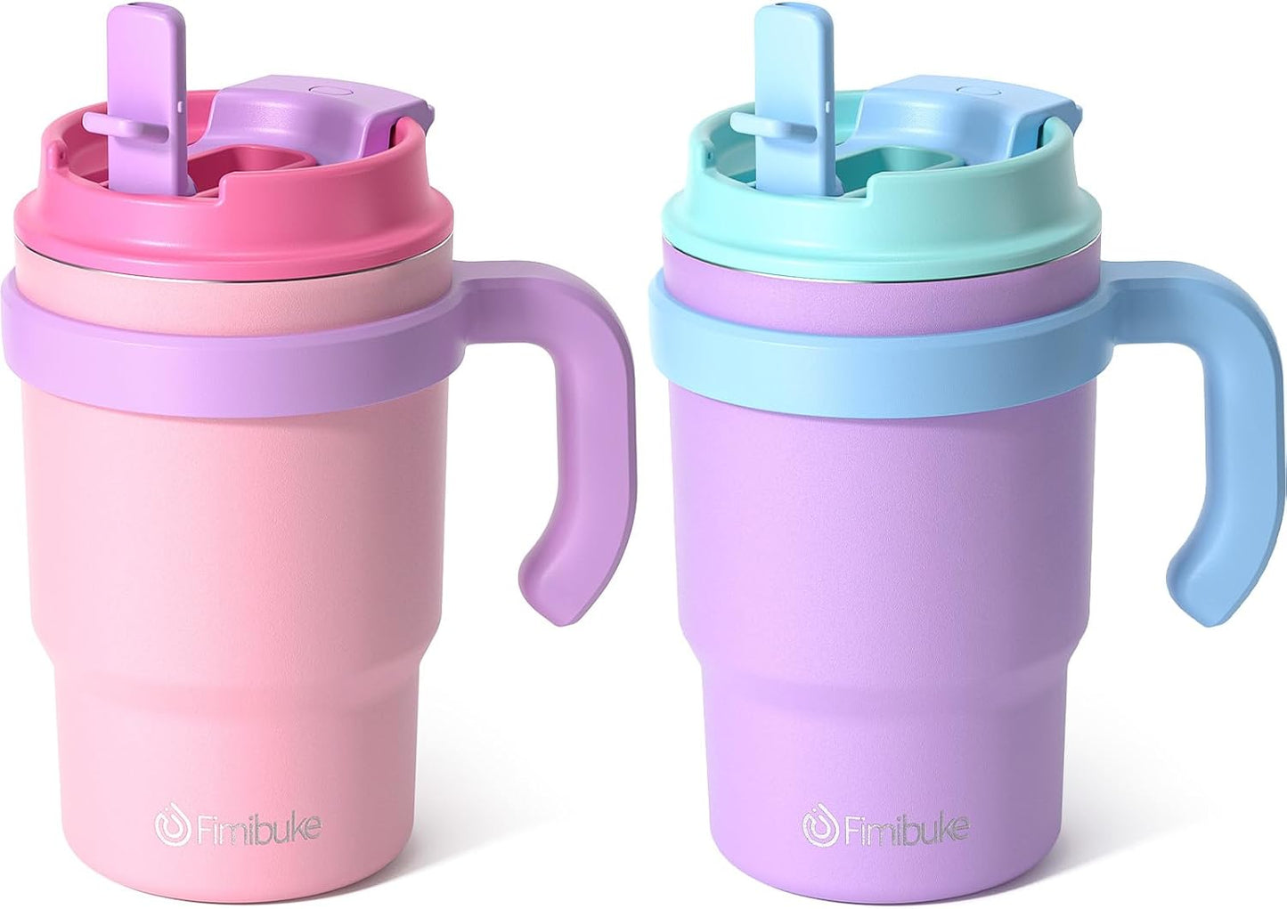 Fimibuke 16oz Kids Insulated Tumbler with Handle & Straws - 2 Pack BPA FREE 18/8 Stainless Steel Toddler Cups with Sip/Swig 2-in-1 Lids, Leak Proof Kid Drinking Cup Travel Mugs for Children Boys Girls