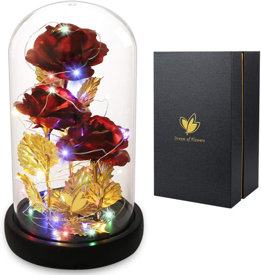 Mothers Day Flower Gifts for Mom,Wife,Mother Rose Galaxy Flower Red Rose in Glass Dome,Light Up Rose Flowers with 2 Lighting Mode,Enchanted Rose Gifts for Women for Birthday Wedding Valentines Day