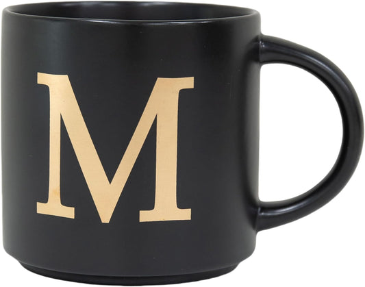 COLLECTIVE HOME - Monogram Ceramic Mugs, 15 oz Golden Initial Black Coffee Cups, Elegant Alphabet Tea Mugs, Elegant Personalized Mug with Gift Box, Unique Mug with Double Side Capital Lette (M)