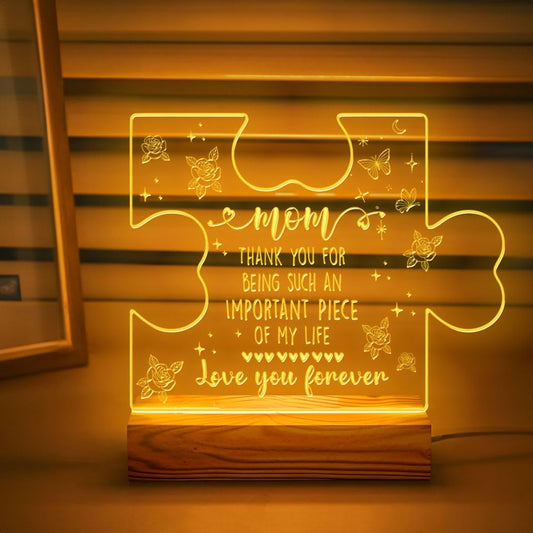 Mom Being of My Piece - Puzzle Piece LED Night Light for Mom - USB Powered Lamp with Heartfelt Message - Wooden Base - Perfect Mother's Day or Birthday Gift, Home Decor