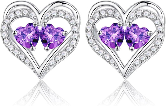 Iefil Birthstone Earrings for Women - 925 Sterling Silver Heart Earrings Anniversary Birthday Gifts for Women Wife Girlfriend Mom