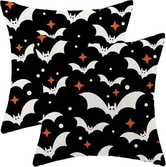 Halloween Pillow Covers 18x18 Pack of 2 Black Beige Bat Throw Pillow Covers Outdoor Decor,Autumn Halloween Decoration Black Pillowcase Farmhouse Linen Decorative Cushion Case for Sofa Couch