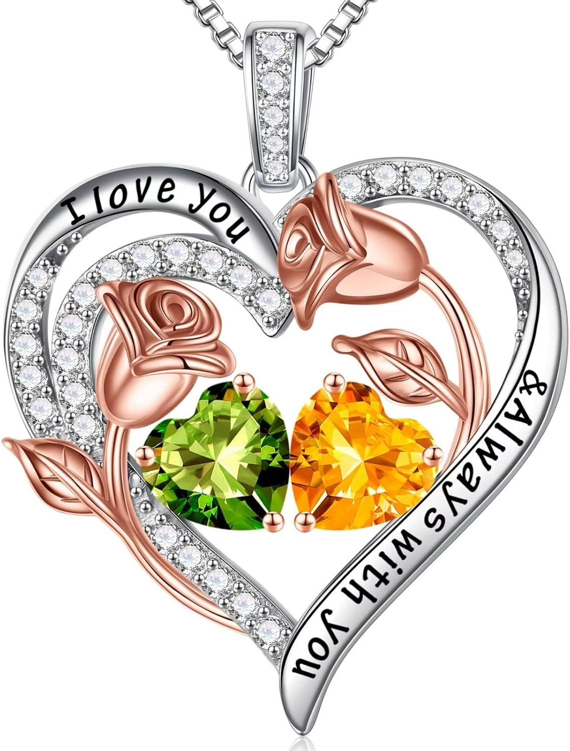 Iefil Birthstone Necklace for Women - 925 Sterling Silver Rose Heart Birthstone Necklace Birthday Anniversary Jewelry Gifts for Her Wife Mom Daughter