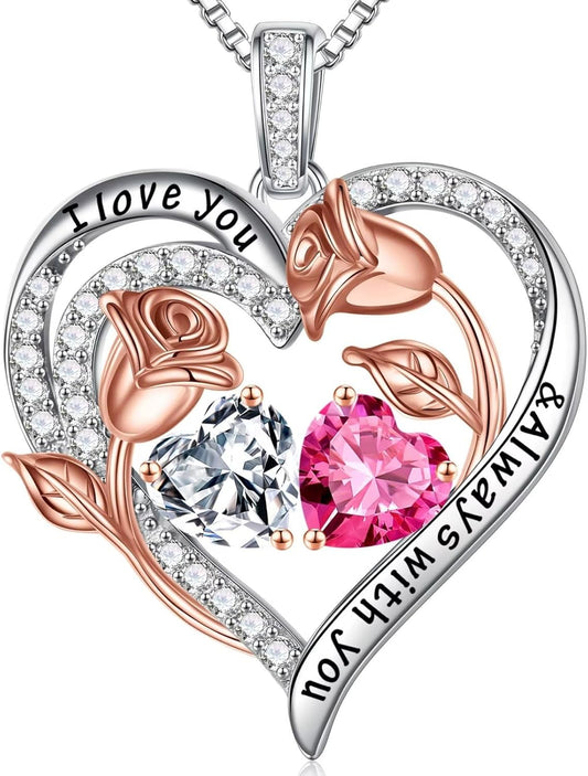 Iefil Birthstone Necklace for Women - 925 Sterling Silver Rose Heart Birthstone Necklace Birthday Anniversary Jewelry Gifts for Her Wife Mom Daughter