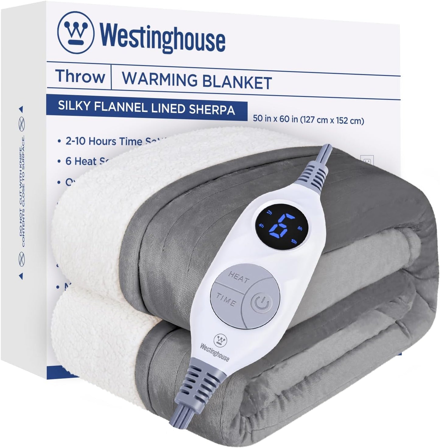 Westinghouse Heated Throw Blanket, Soft Flannel to Sherpa Electric Throw with 6 Heating Levels, 2-10 Hours Time Settings, Fast Heating, Machine Washable 50x60 Inch, Light Grey