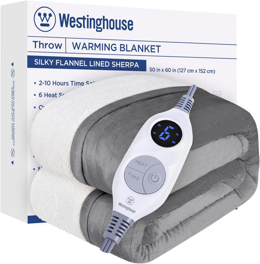 Westinghouse Heated Throw Blanket, Soft Flannel to Sherpa Electric Throw with 6 Heating Levels, 2-10 Hours Time Settings, Fast Heating, Machine Washable 50x60 Inch, Light Grey