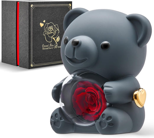 Mikasol Romantic Teddy Grey Bear with Preserved Rose - Real Rose in Elegant Black Gift Box for Anniversaries, Weddings, Bridal Showers, and Mother's Day