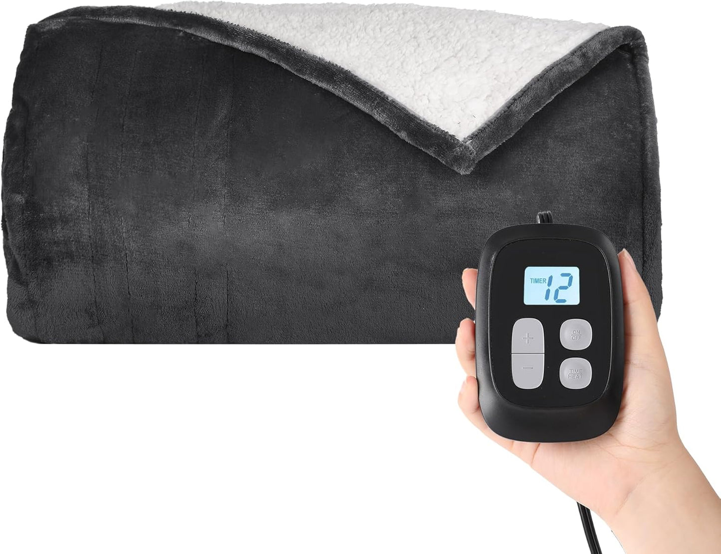 Heated Electric Blanket Queen Size 84''x90'', Dual Controller Soft Flannel with 10 Heat Settings 1-12 Hour Auto Off Large Blanket for Bed - Dark Grey