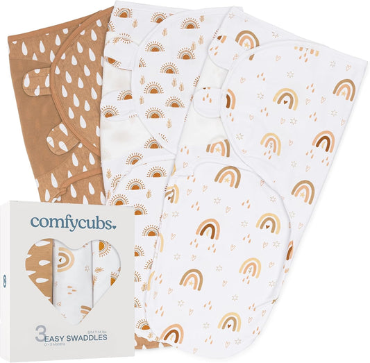 Comfy Cubs Easy Swaddle Blanket, 3 Pack - 100% Cotton Newborn Wrap, Small for 0-3 Months Infants, with Adjustable Velcro, Breathable and Durable Sleep Sack for Babies - Rainbow Bohemian