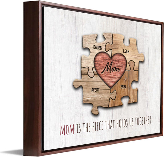 Personal-Prints MOM & Children Personalized HEART Puzzle Wall Art | Unique Customized with up to 8 Names | Mother’s Day, Birthday or Christmas Gift (20"x25" Float Framed Canvas, 4 Children)