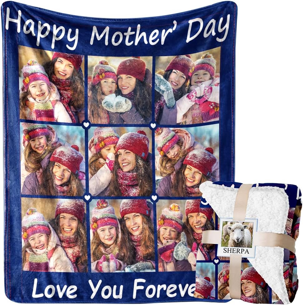 Mothers Day Blanket Gifts for Mom, Custom Sherpa Blanket with Picture Personalized Photo Throw Blanket Customized New Moms Gift from Daughter Son Husband, Birthday Gifts for Wife Grandma